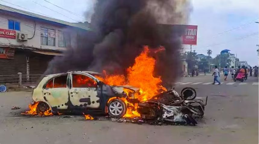 Vehicles set on fire as the clash broke out between Meitei and Kuki communities in Manipur
