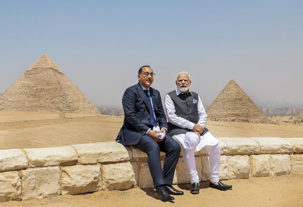 Prime Minister Narendra Modi with Egyptian Prime Minister Mostafa Madbouly during his visit to the Great Pyramid of Giza in Egypt